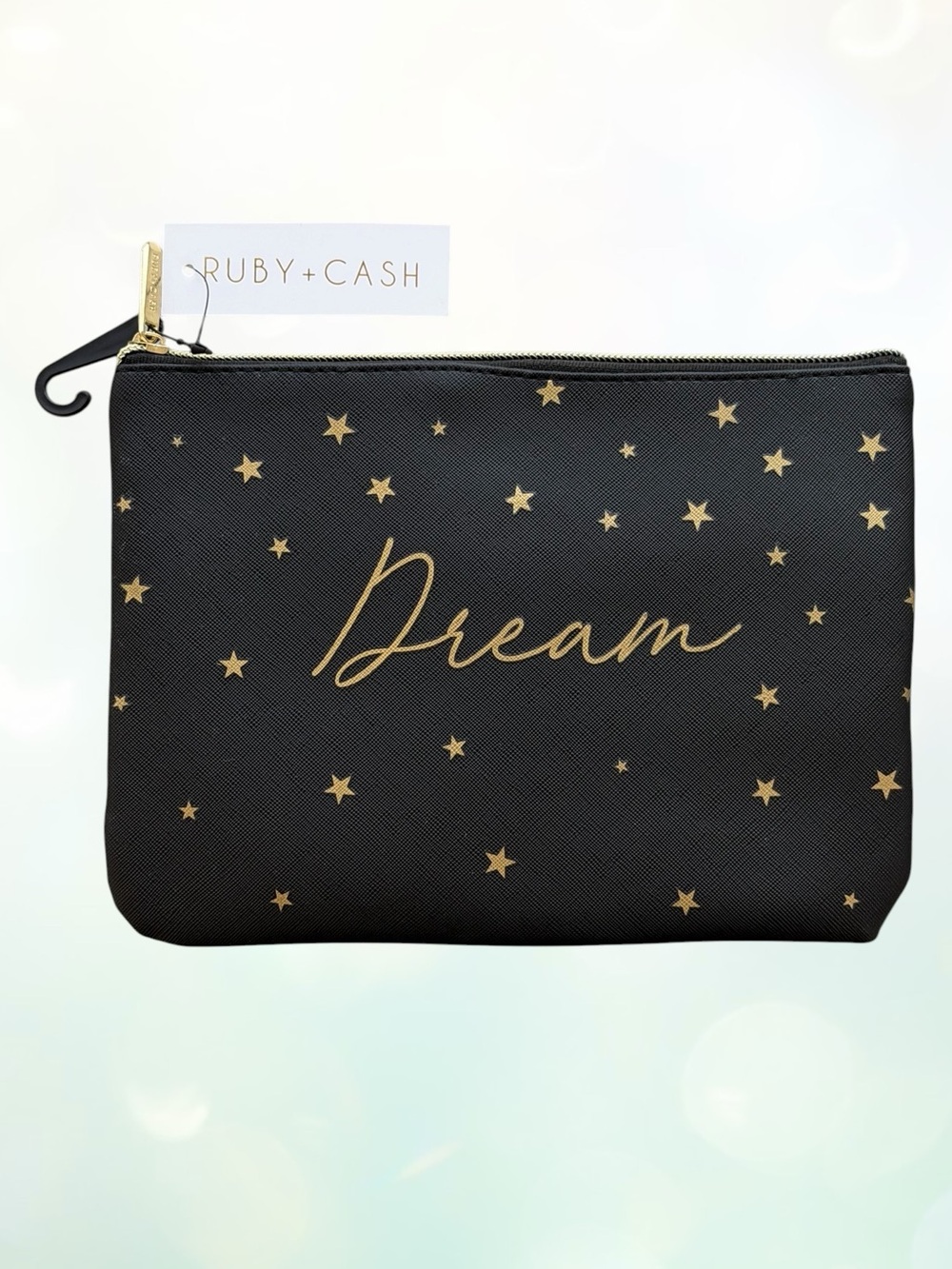 Ruby+Cash Black and Gold Star “Dream” Zip Top Cosmetic Pouch / Makeup Bag